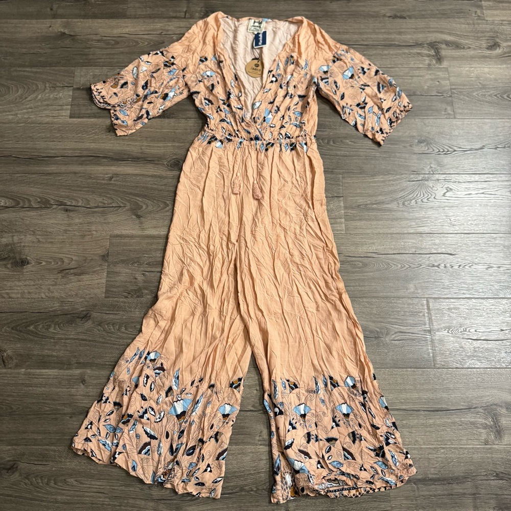Anthropologie Jaase Floral Dandelion Wide Leg Jumpsuit Peach Blue Size XL Women - Picture 6 of 13
